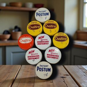 Lot of 9 Vintage Ovaltine Carnation Postum Milk Jar Lids Tin Caps Yellow White